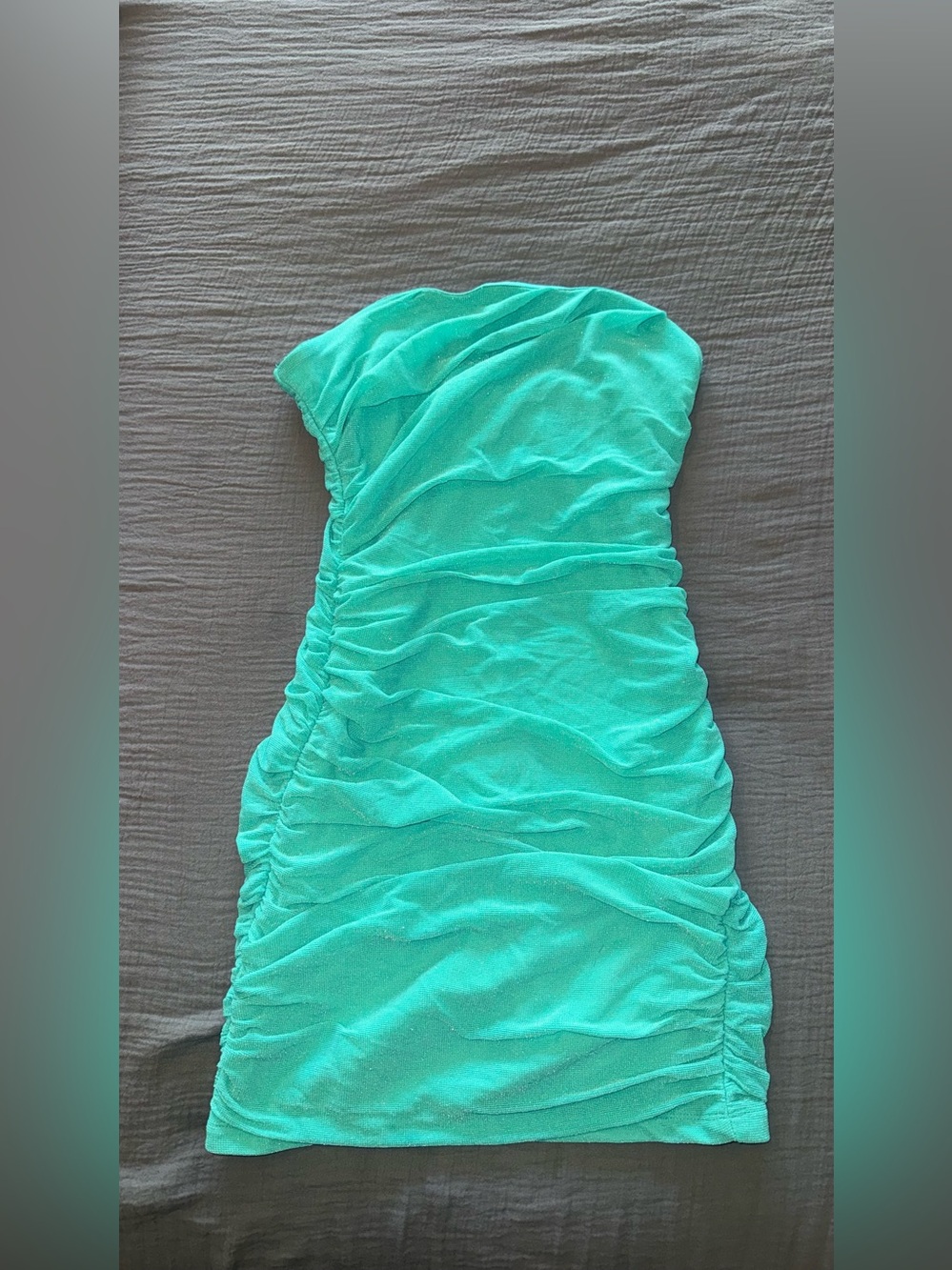Aqua Ruched Strapless mini dress